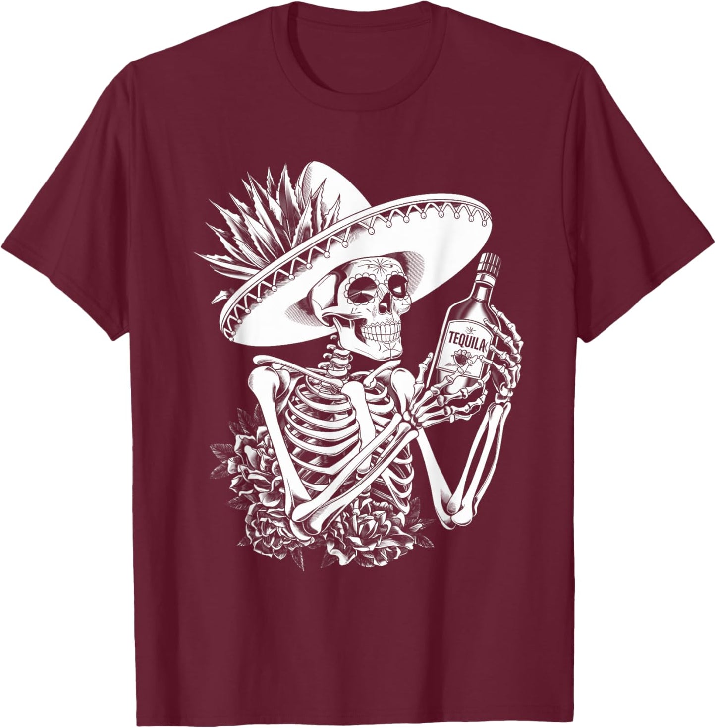 Mexico Vintage Skeleton Tequila Dia De Los Muertos Mexican T-Shirt - T-Shirt | Maroon
