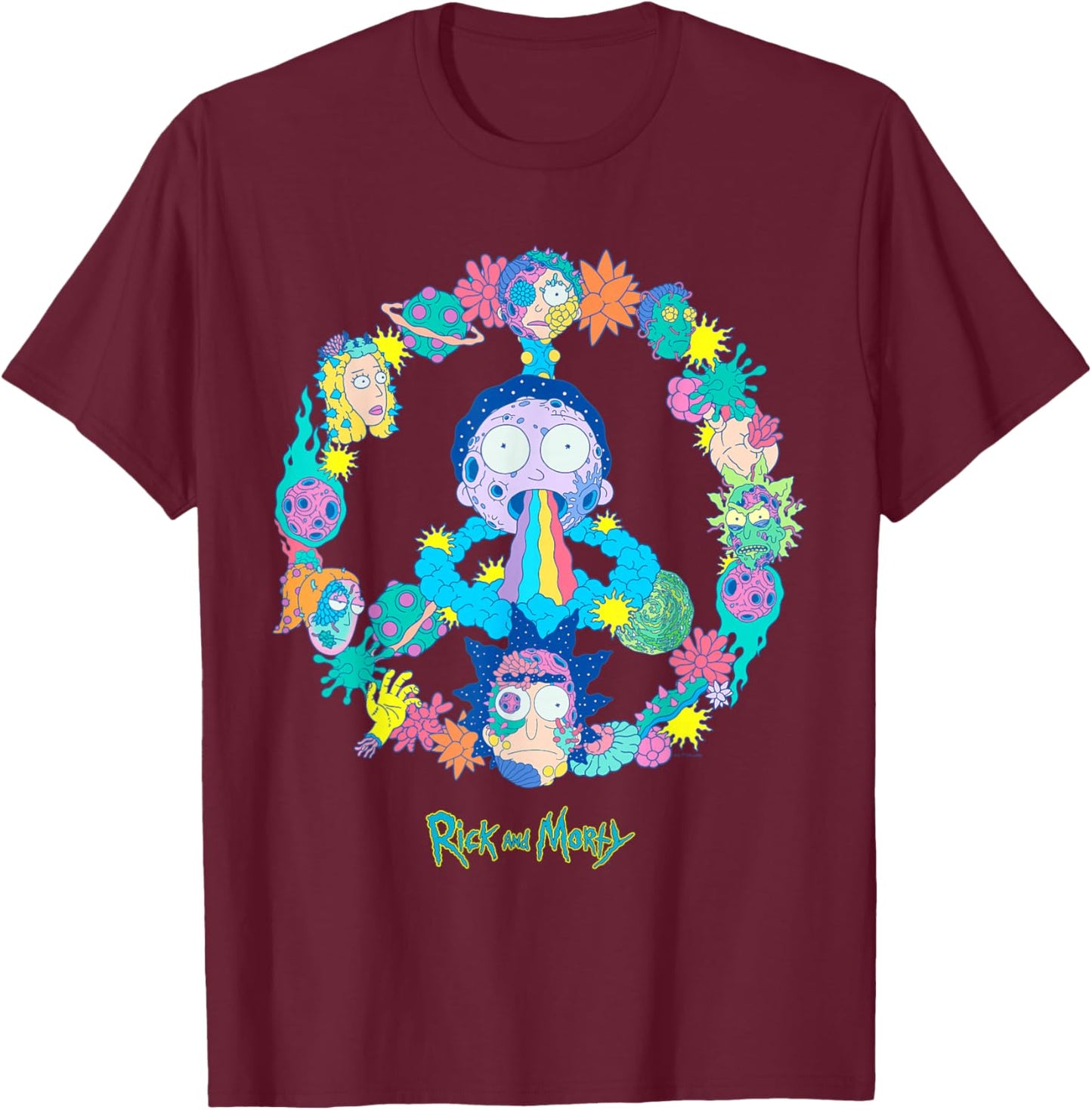 Rick and Morty Peace Sign Vivid Alien Adult Cartoon Fashion T-Shirt - T-Shirt | Maroon