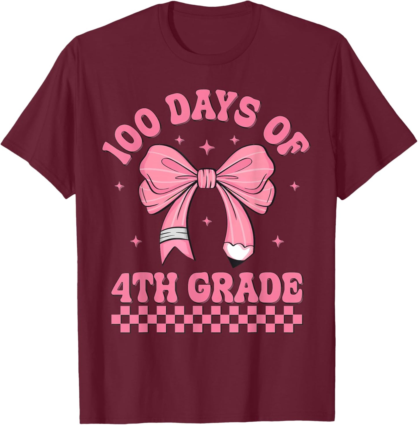 100th Day Of School Coquette Bow 100 Days Of 4th Grade T-Shirt - T-Shirt | Maroon