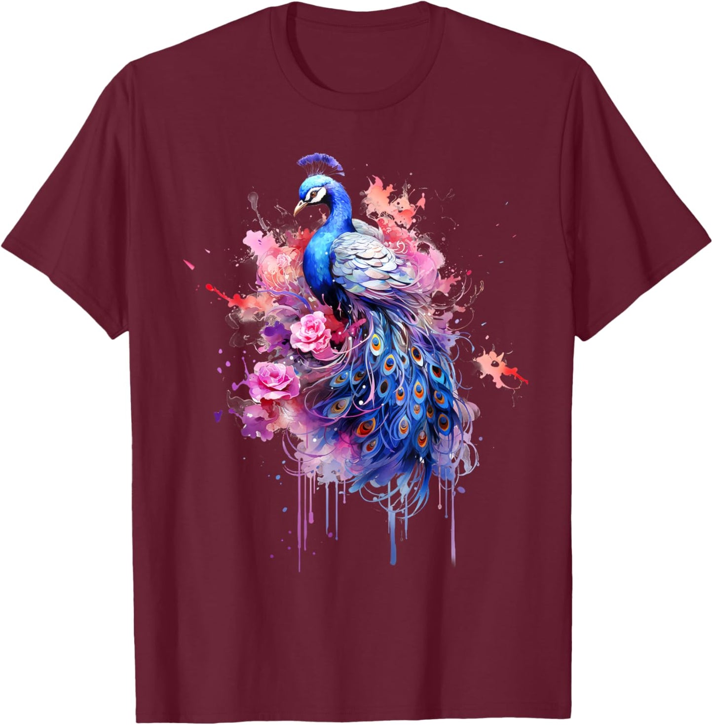 Peacock Watercolor Garden, Colorful Art, Peacock T-Shirt - T-Shirt | Maroon