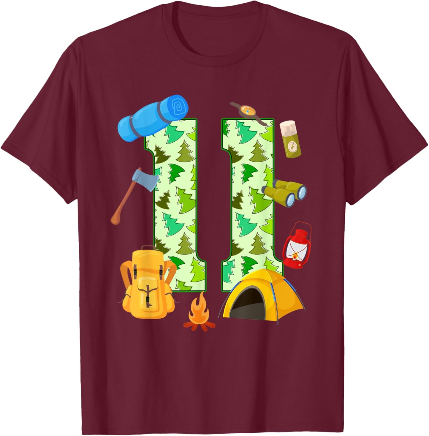 11th Birthday Camping Theme 11 Year Old Birthday Kids T-Shirt - T-Shirt | Maroon