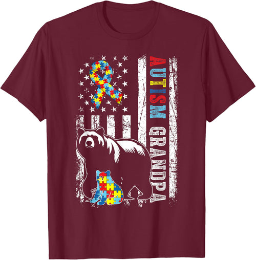 Autism Grandpa Bear With Puzzles & USA Flag Distressed