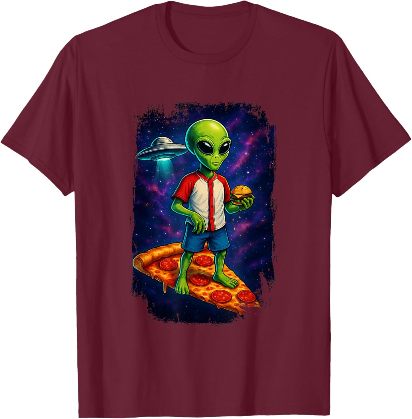 Alien UFO Pizza Galaxy Funny Hamburger T-Shirt - T-Shirt | Maroon