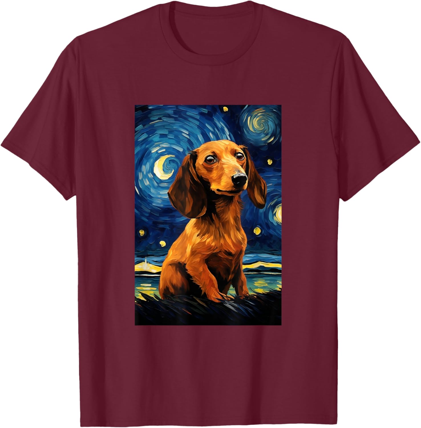Cute Dachshund Dog Doggy - Van Gogh Style - Starry Night T-Shirt - T-Shirt | Maroon