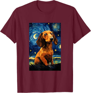 Cute Dachshund Dog Doggy - Van Gogh Style - Starry Night T-Shirt - T-Shirt | Maroon