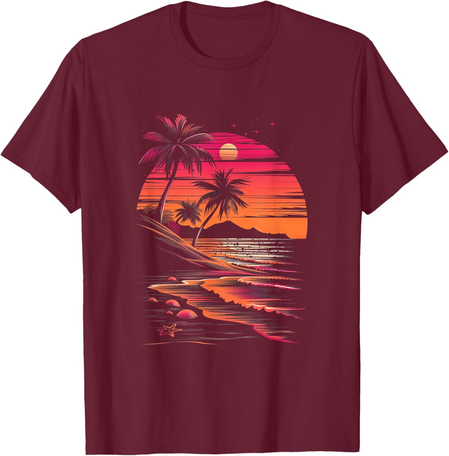 Tropical Sunset Pink Black Beach Scene T-Shirt - T-Shirt | Maroon