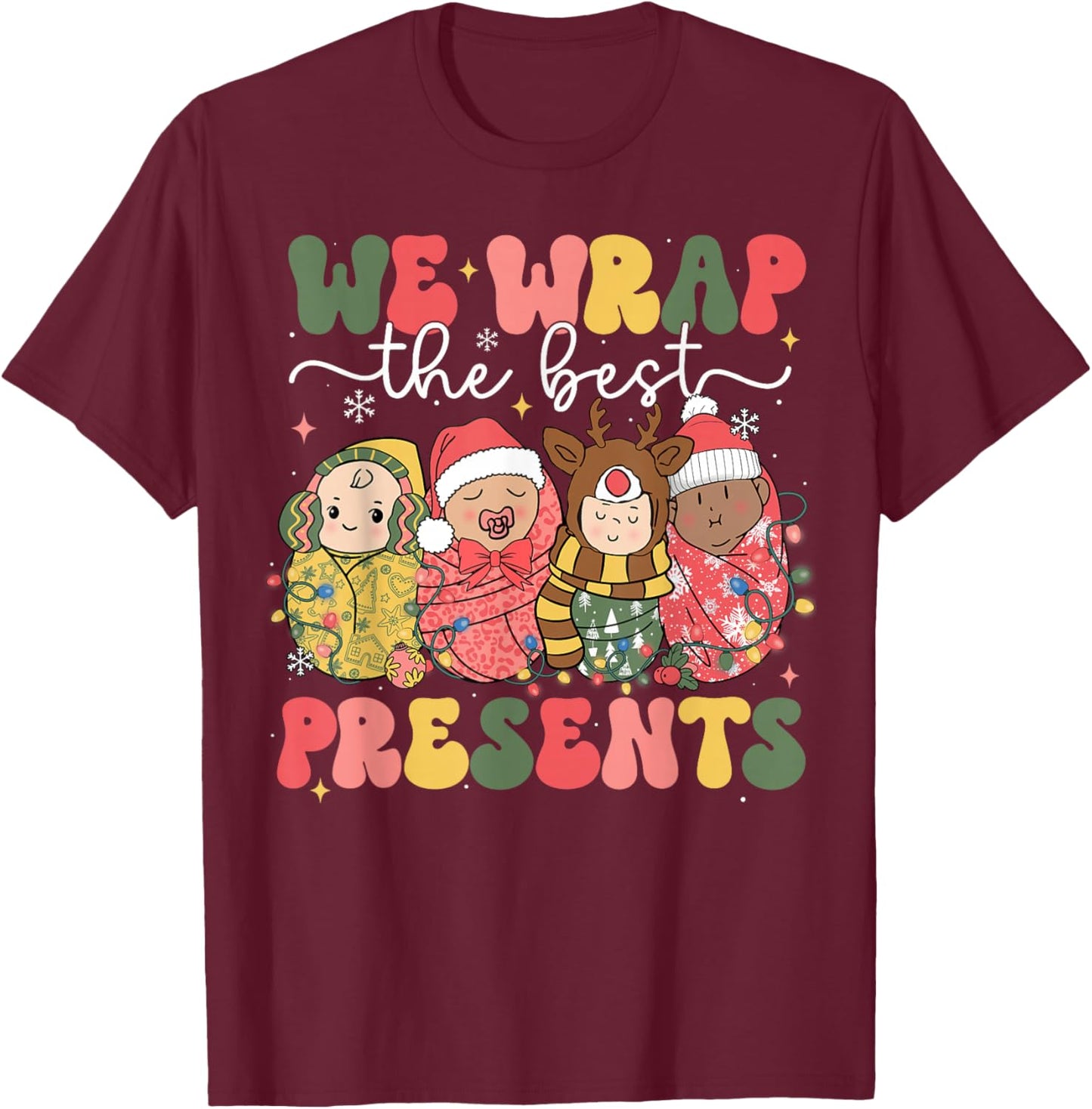 Christmas Labor & Delivery Nurse Lat - Adults, Black, Small, Short Sleeve, Cotton Blend, , Themed Novelty, Holiday, L&D Nurse, Christmas Lovers, Labor & Delivery Staff T-Shirt - T-Shirt | Maroon