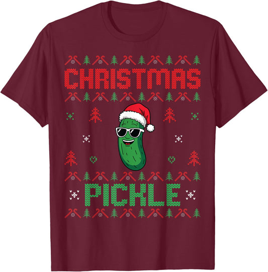 Pickle Wearing Santa Hat Xmas Party - Ugly Christmas Pickle T-Shirt - T-Shirt | Maroon
