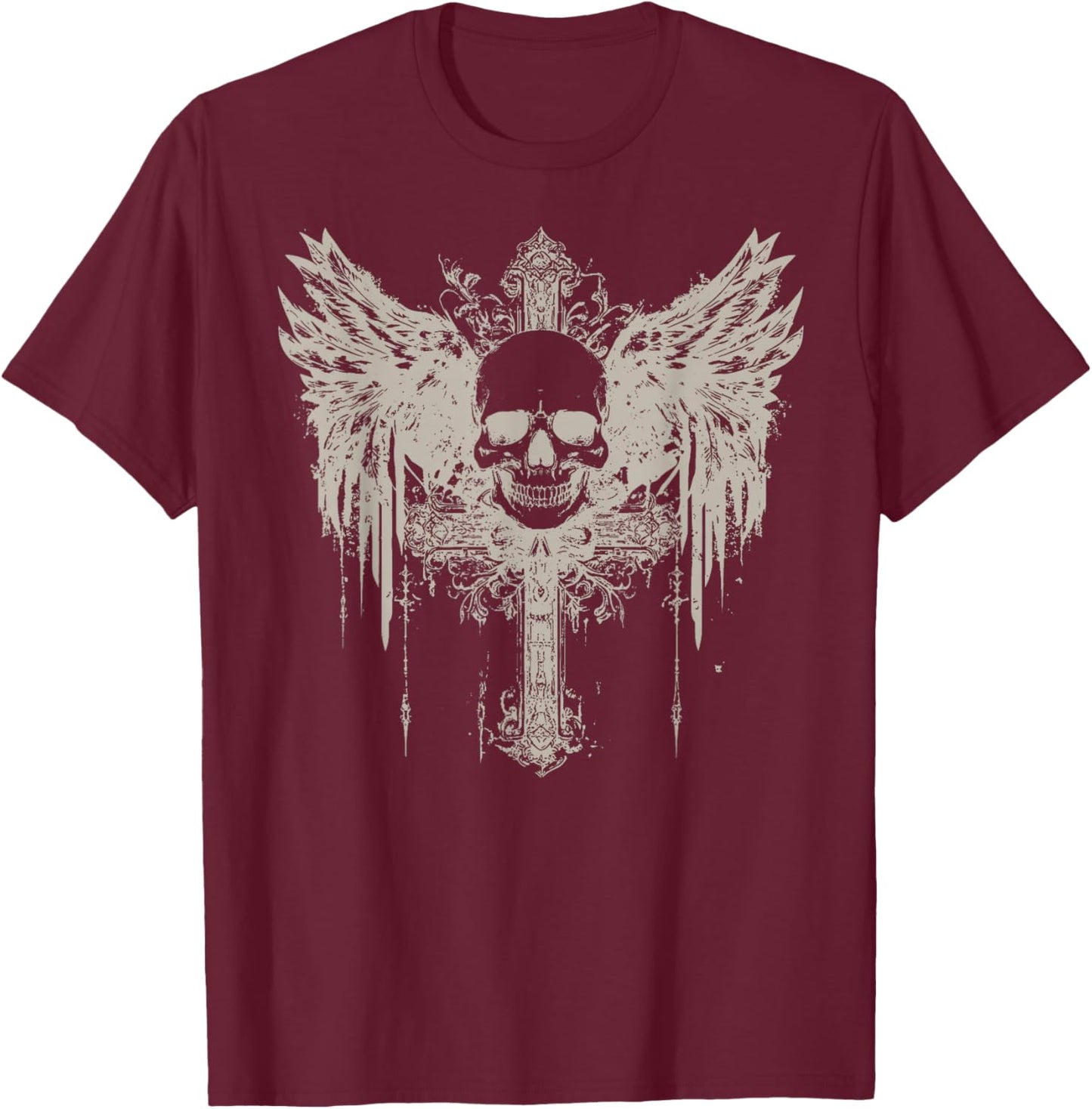 Skull Cross Y2K Grunge Aesthetic Goth Alt Gothic Emo Vintage T-Shirt - T-Shirt | Maroon