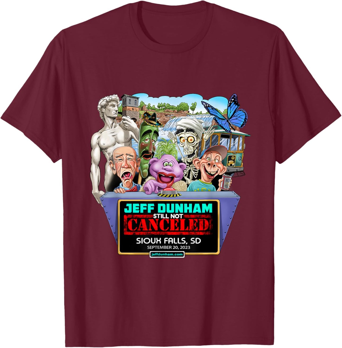 Jeff Dunham Sioux Falls, SD (2023) T-Shirt - T-Shirt | Maroon