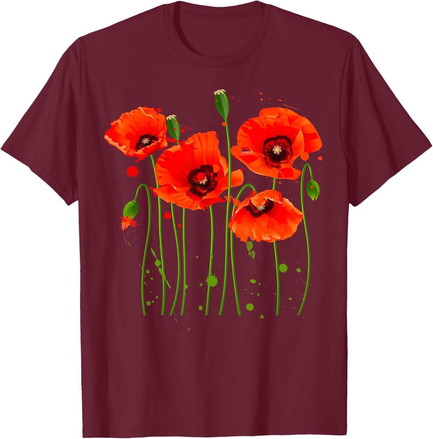 Watercolor Red Poppy Flower Gardening Plants Lover Gift T-Shirt - T-Shirt | Maroon