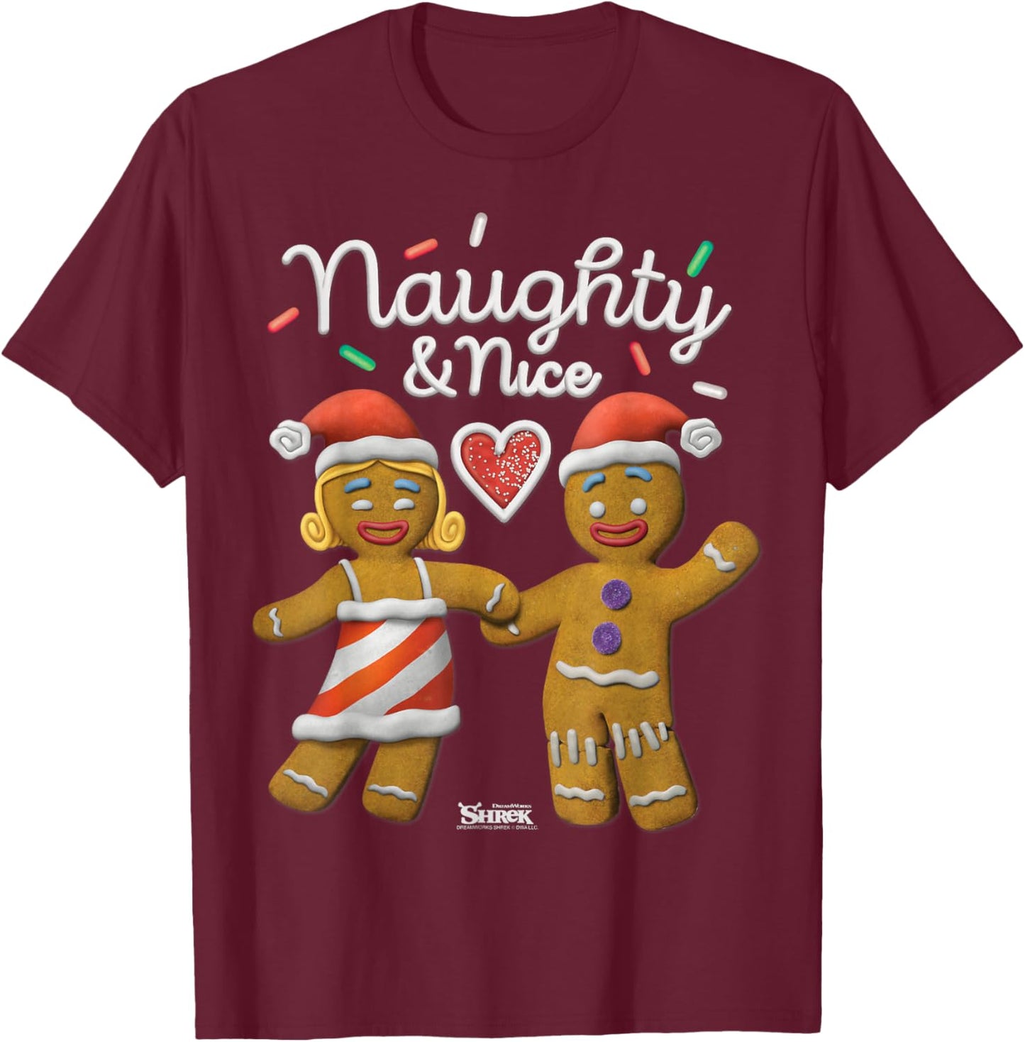 Shrek Holiday Gingy and Sugar Naughty & Nice T-Shirt - T-Shirt | Maroon