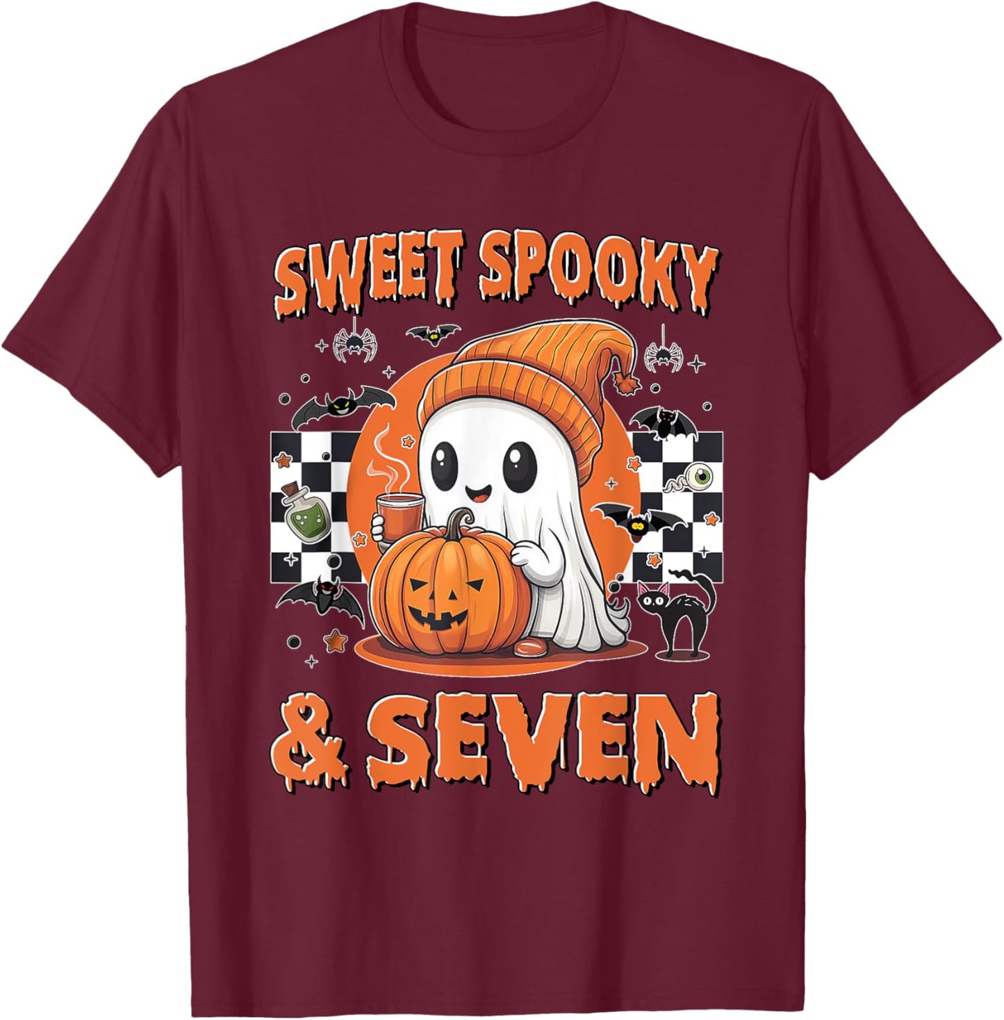 7th Birthday Sweet Spooky & Seven Cute Ghost 7 Years Old T-Shirt - T-Shirt | Maroon