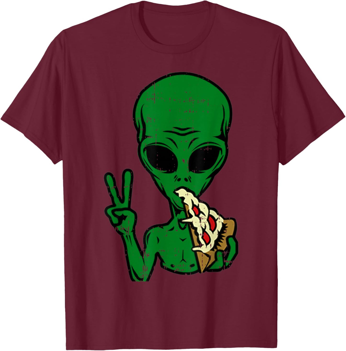 Alien Pizza Eating Peace Funny Space Area-51 Halloween Gift T-Shirt - T-Shirt | Maroon