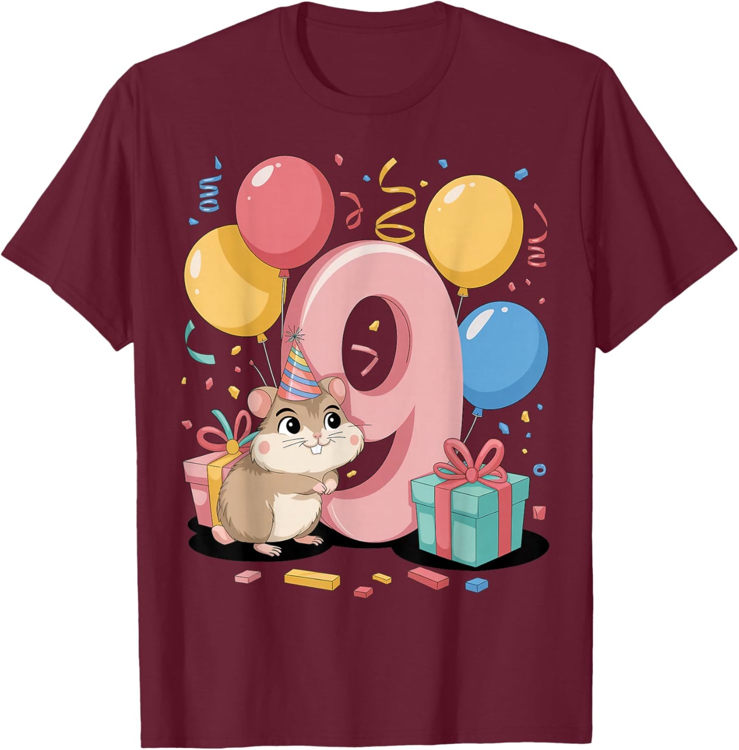Hamster 9th birthday boy girl 9 years old ninth nine Hamster T-Shirt - T-Shirt | Maroon