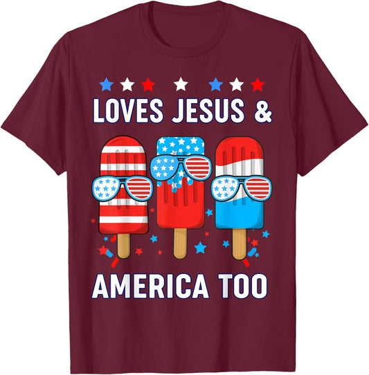 Loves Jesus America Boy 4th July Popsicle Toddler God Son T-Shirt - T-Shirt | Maroon