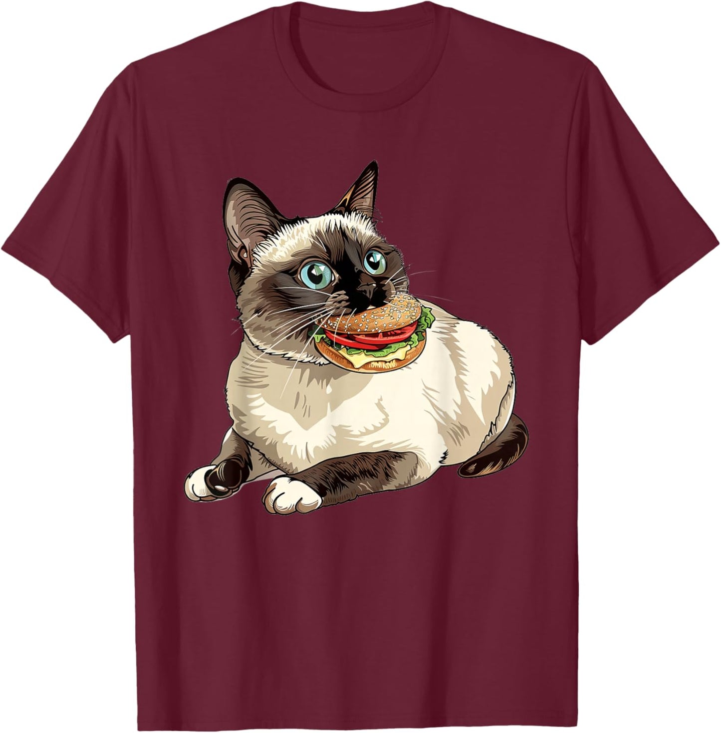 Snowshoe Cat Eating A Hamburger T-Shirt - T-Shirt | Maroon