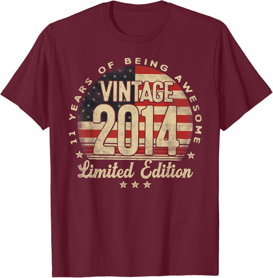 Vintage 2014 Limited Edition 11-Year-Old Gifts USA Flag T-Shirt - T-Shirt | Maroon