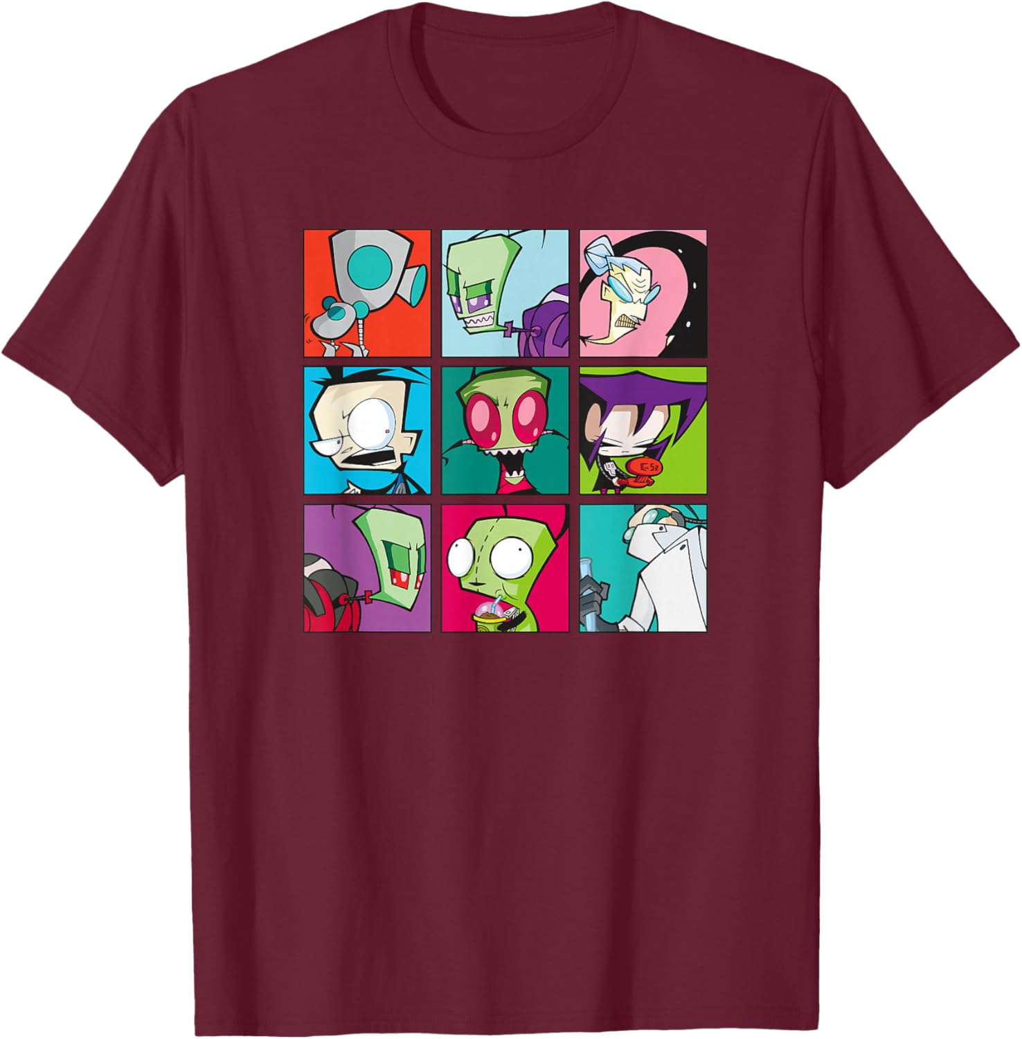 Invader Zim Group Shot Characters Boxed Up Grid Logo T-Shirt - T-Shirt | Maroon