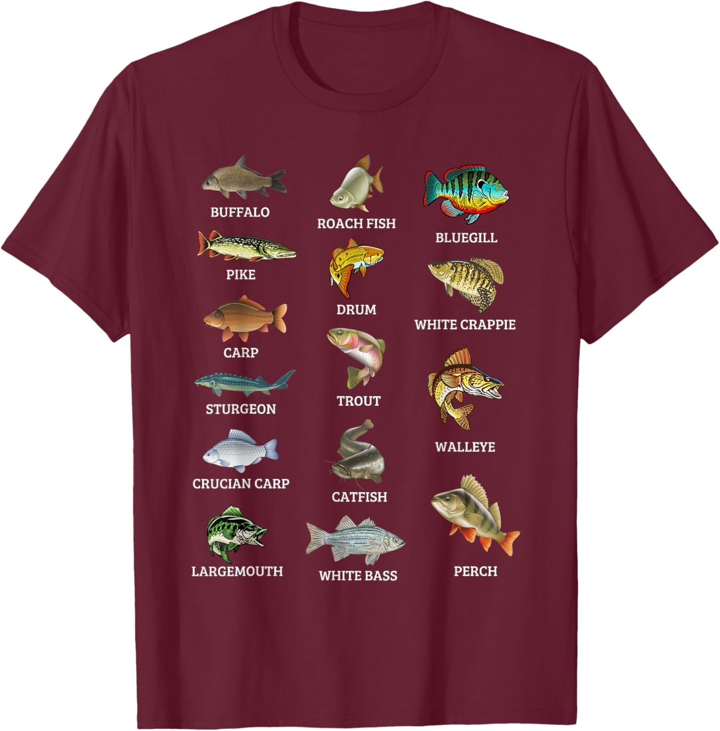 Types Of Freshwater Fish Species Fishing Fisherman Anglers T-Shirt - T-Shirt | Maroon