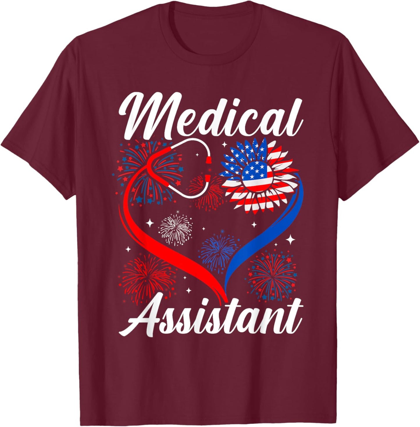 Medical Assistant Sunflower American Flag 4th Of July Women Kids Men T-Shirt - T-Shirt | Maroon