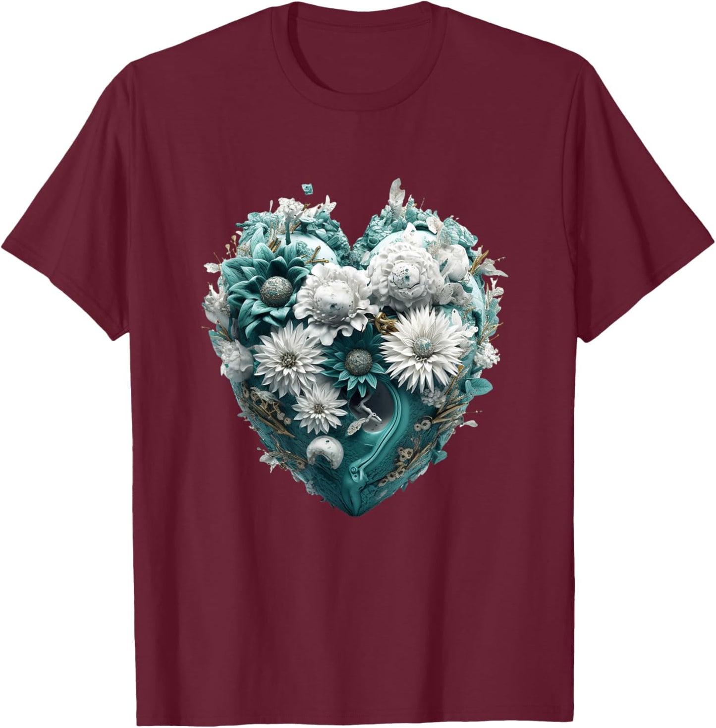 Cute Teal Heart Graphic Made of Flowers Girls T-Shirt - T-Shirt | Maroon