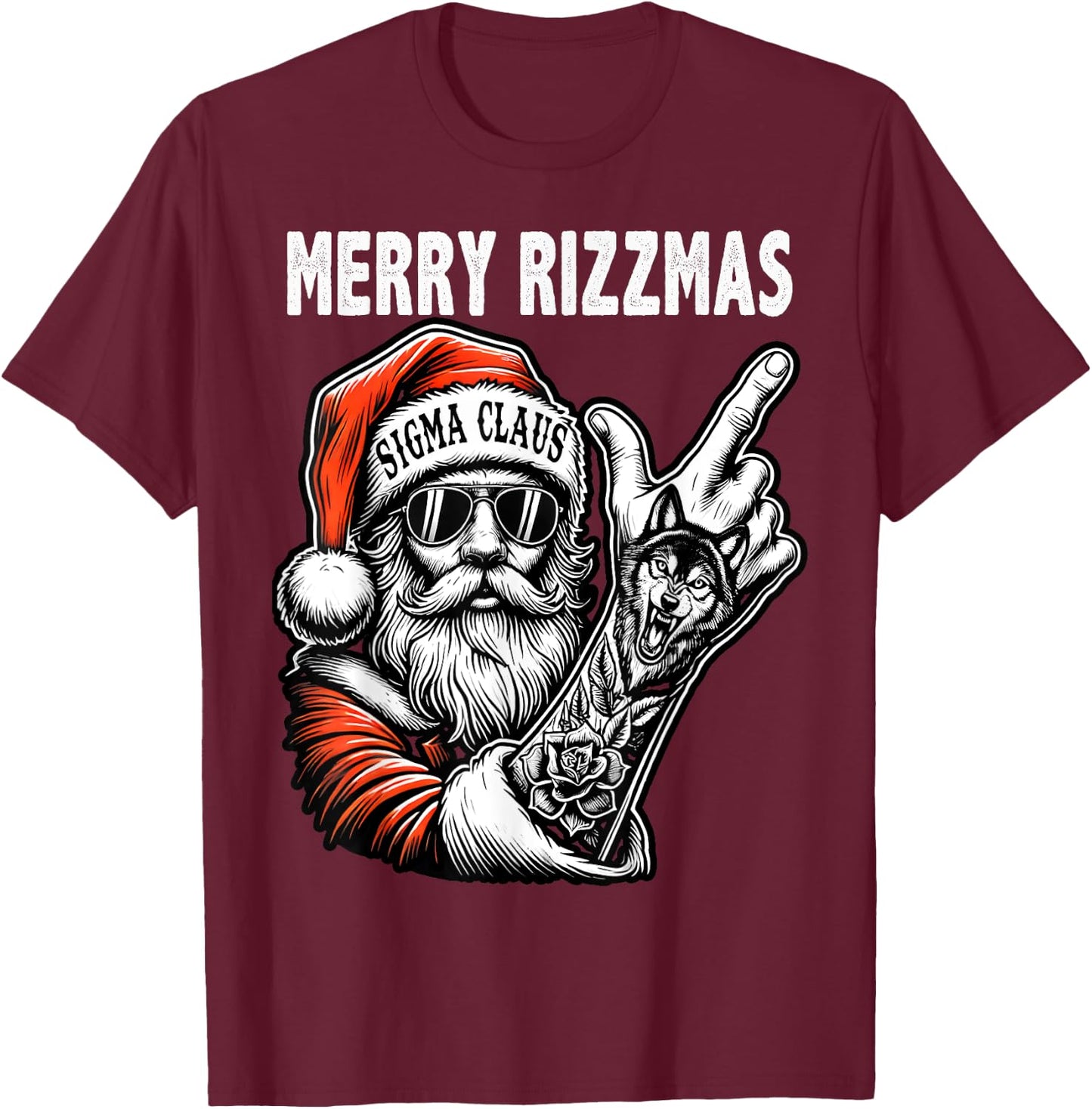 Merry Rizzmas, Funny Santa Wolf Tattoo Christmas Sigma Claus T-Shirt - T-Shirt | Maroon