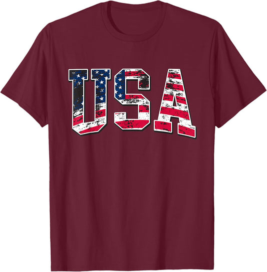 4th of July USA Flag Apparel -Adults Kids Vintage American Flag Black Small Classic Fit Short Sleeve T-Shirt - T-Shirt | Maroon