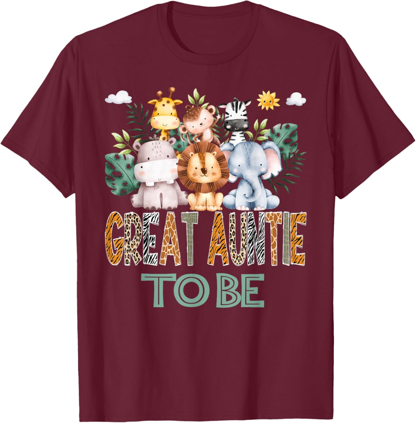Soon To Be Great Auntie Jungle Animal Safari Gender Reveal T-Shirt - T-Shirt | Maroon