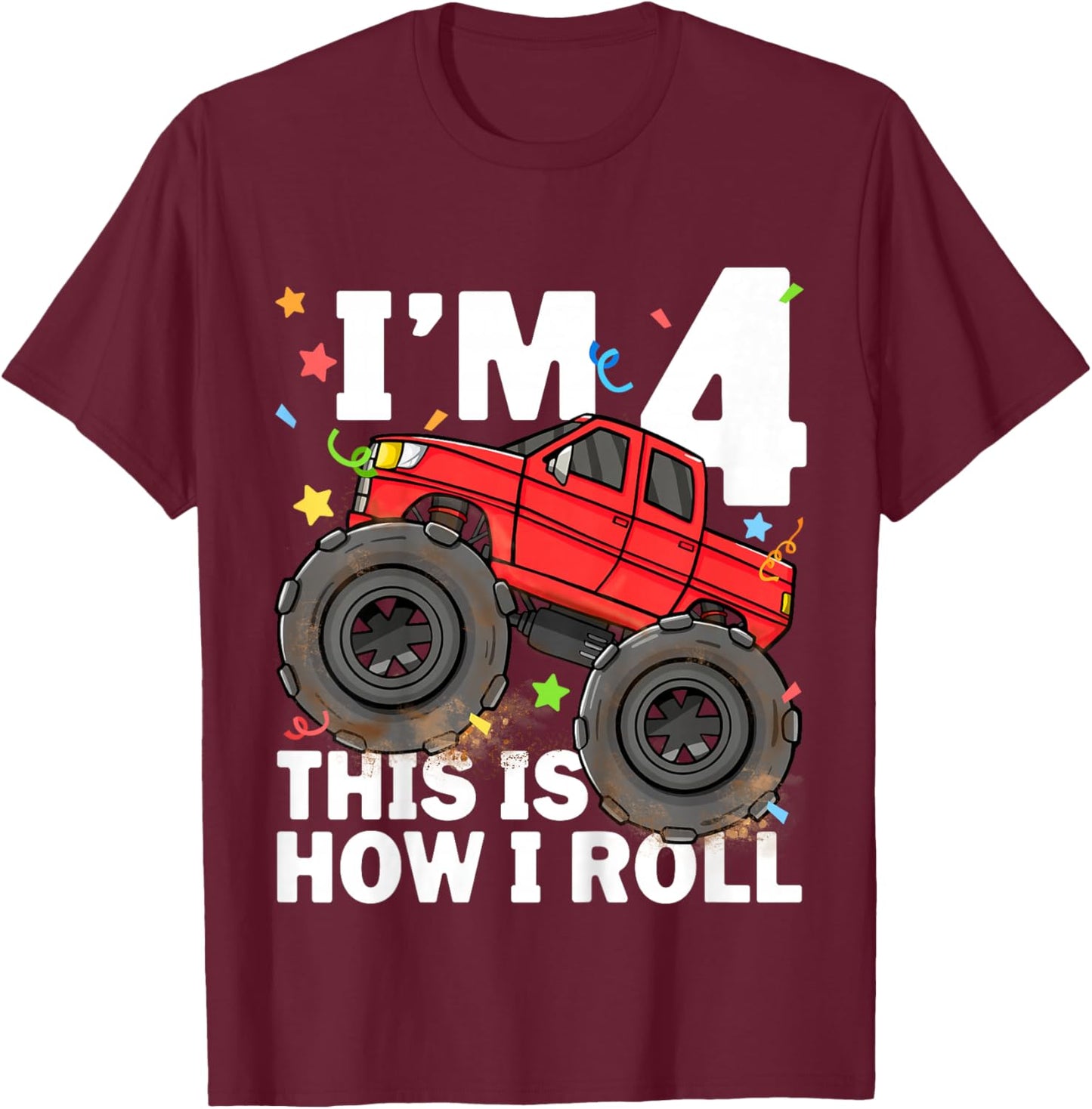 Kids Monster Truck 4th Birthday Boy Toddler 4 Four Year Old T-Shirt - T-Shirt | Maroon
