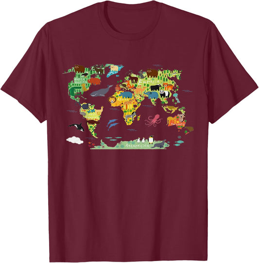 Funny World Animals map Shirt for Kids,Boys and Girls T-Shirt - T-Shirt | Maroon