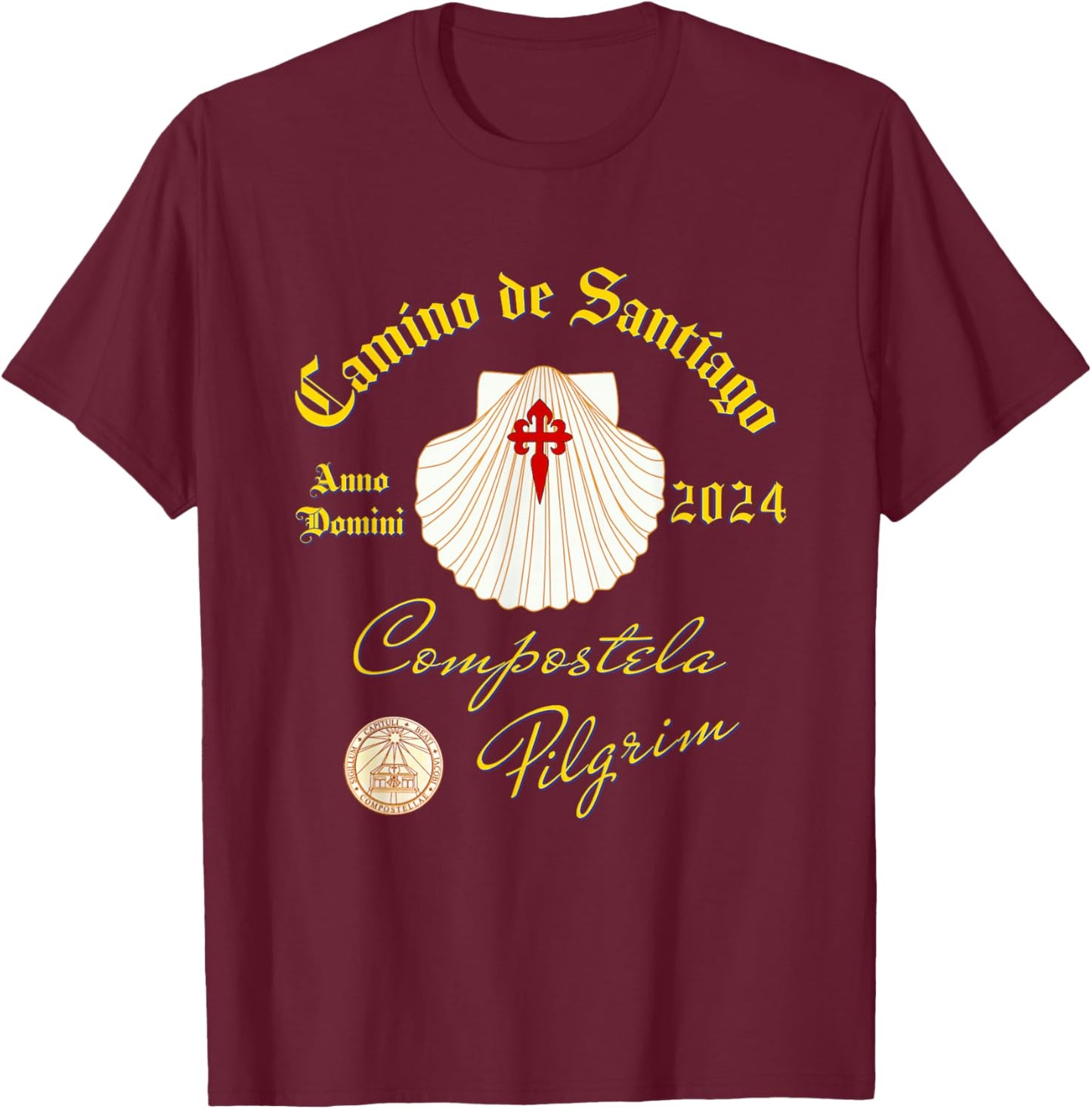 Camino de Santiago Anno Domini 2024 Shell FRONT and BACK T-Shirt - T-Shirt | Maroon