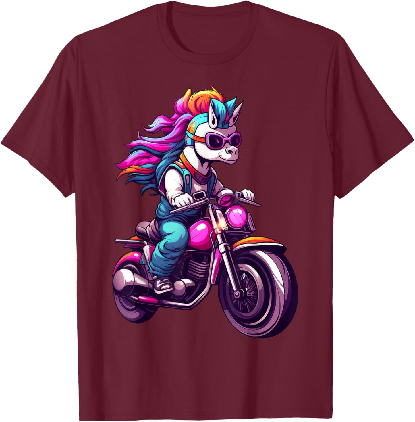 Motorcycle Fans Einhörner Motorradfahrer / Motorrad Einhorn Schwarz Klein EU 16 21 cm Kurzarm Klassische Passform Erwachsene und Kinder T-Shirt - T-Shirt | Maroon
