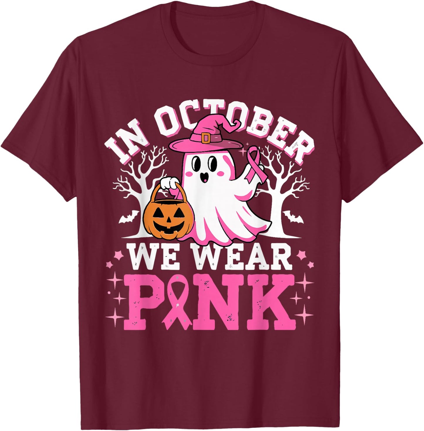 In October We Wear Pink Witch Ghost Halloween Breast Cancer T-Shirt - T-Shirt | Maroon