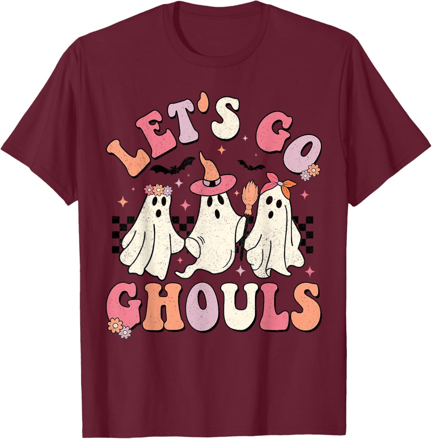 Let's Go Ghouls Halloween Ghost Outfit Costume Retro Groovy T-Shirt - T-Shirt | Maroon