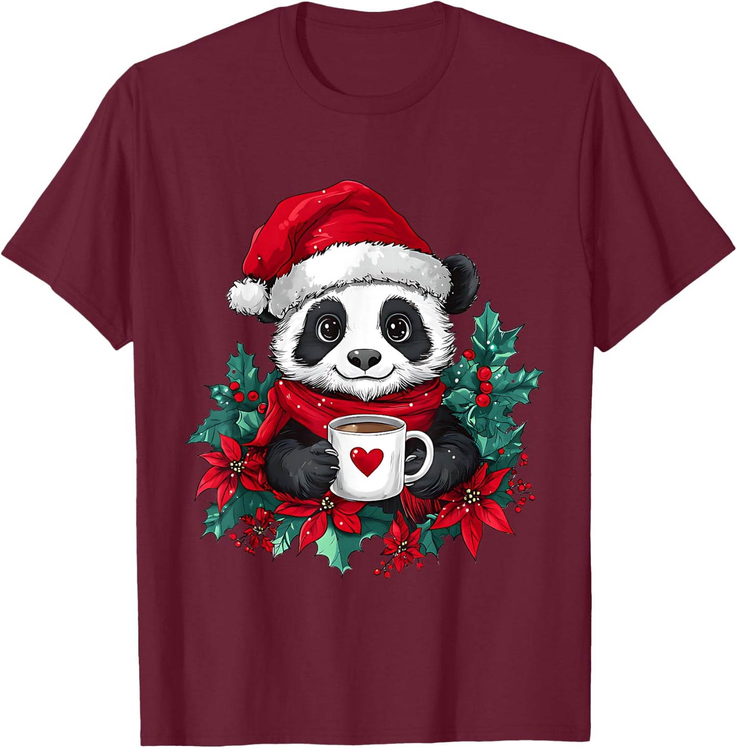 Christmas Panda Santa Coffee Girls Boys Kids Christmas Panda T-Shirt - T-Shirt | Maroon