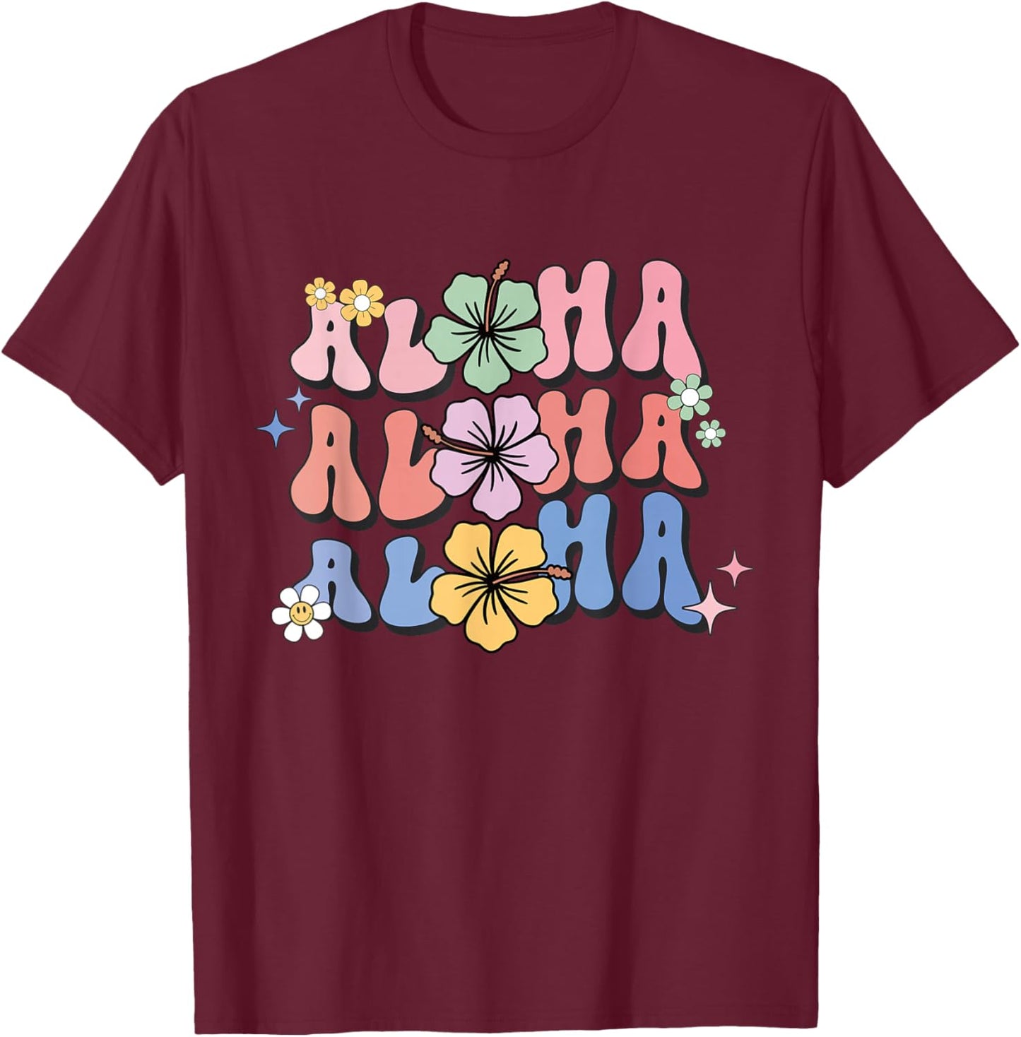 Aloha Hawaiian Hibiscus Flowers Retro Women's , Black, S T-Shirt - T-Shirt | Maroon