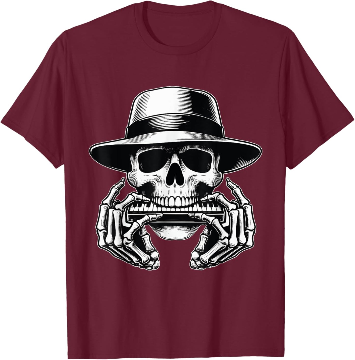 Skeleton Playing Harmonica Blues Musician Mouth Organ Player T-Shirt - T-Shirt | Maroon