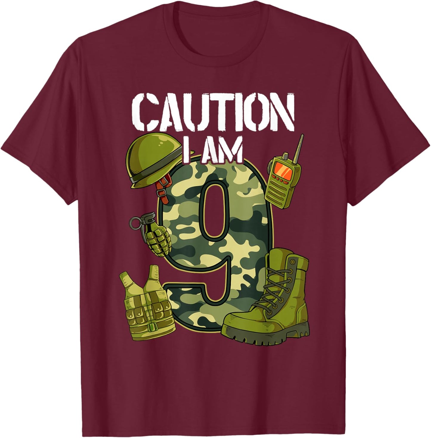 9th Birthday Army T-Shirt - T-Shirt | Maroon