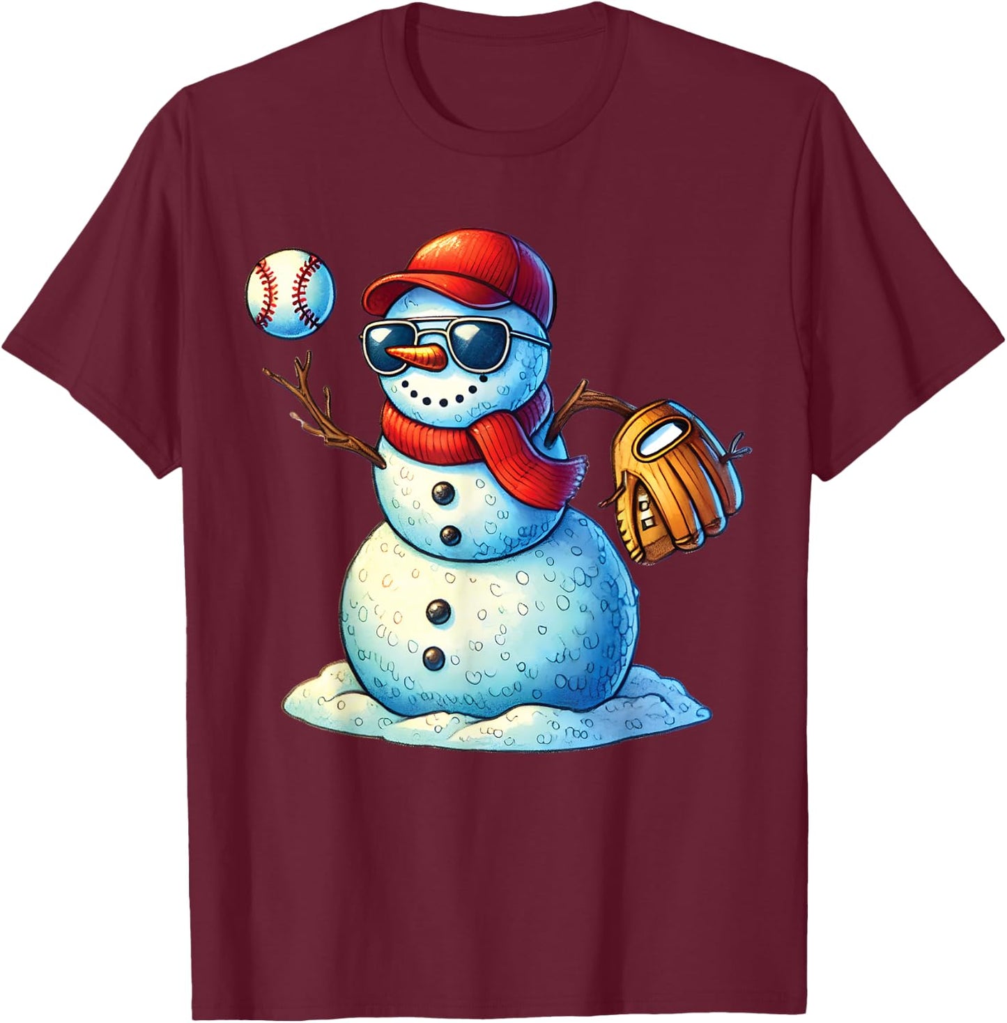 Snowman Playing Baseball as Pitcher Boys Teens Christmas T-Shirt - T-Shirt | Maroon