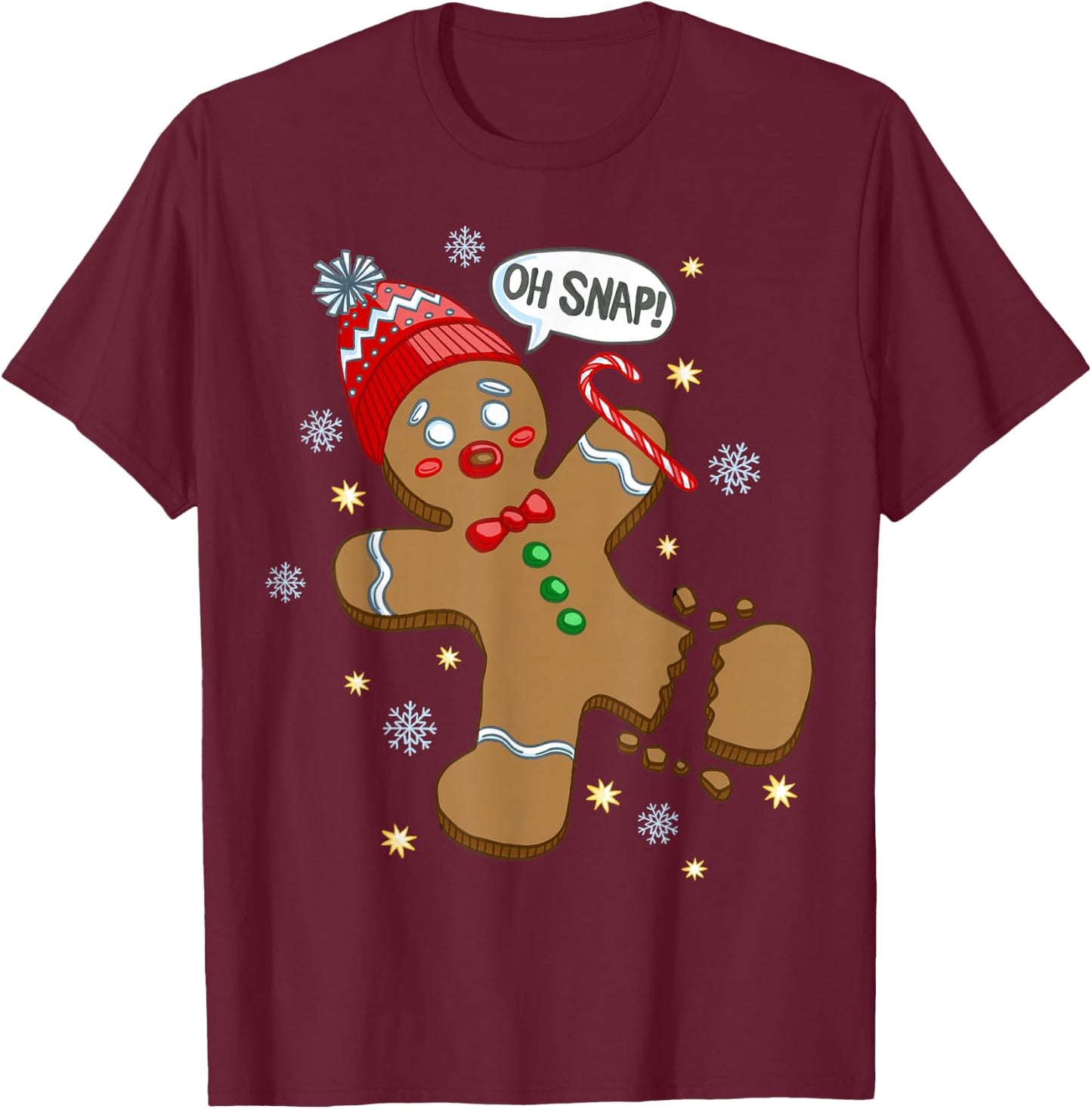 Trendy Holiday Apparel Gingerbread Man Oh Snap Christmas - Men's Adults Black Solid Short Sleeve Classic Fit Pull On Christmas Celebration T-Shirt - T-Shirt | Maroon