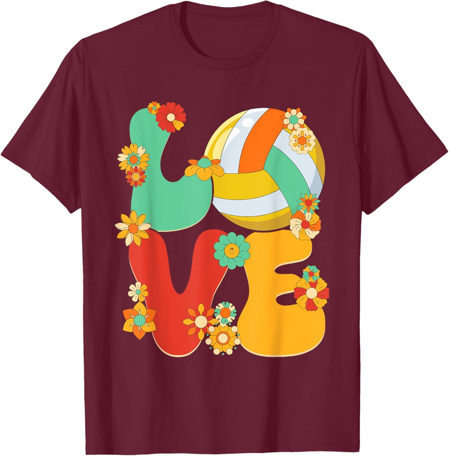 Volleyball Love Shirt Groovy Flower Volleyball Lover Girls T-Shirt - T-Shirt | Maroon