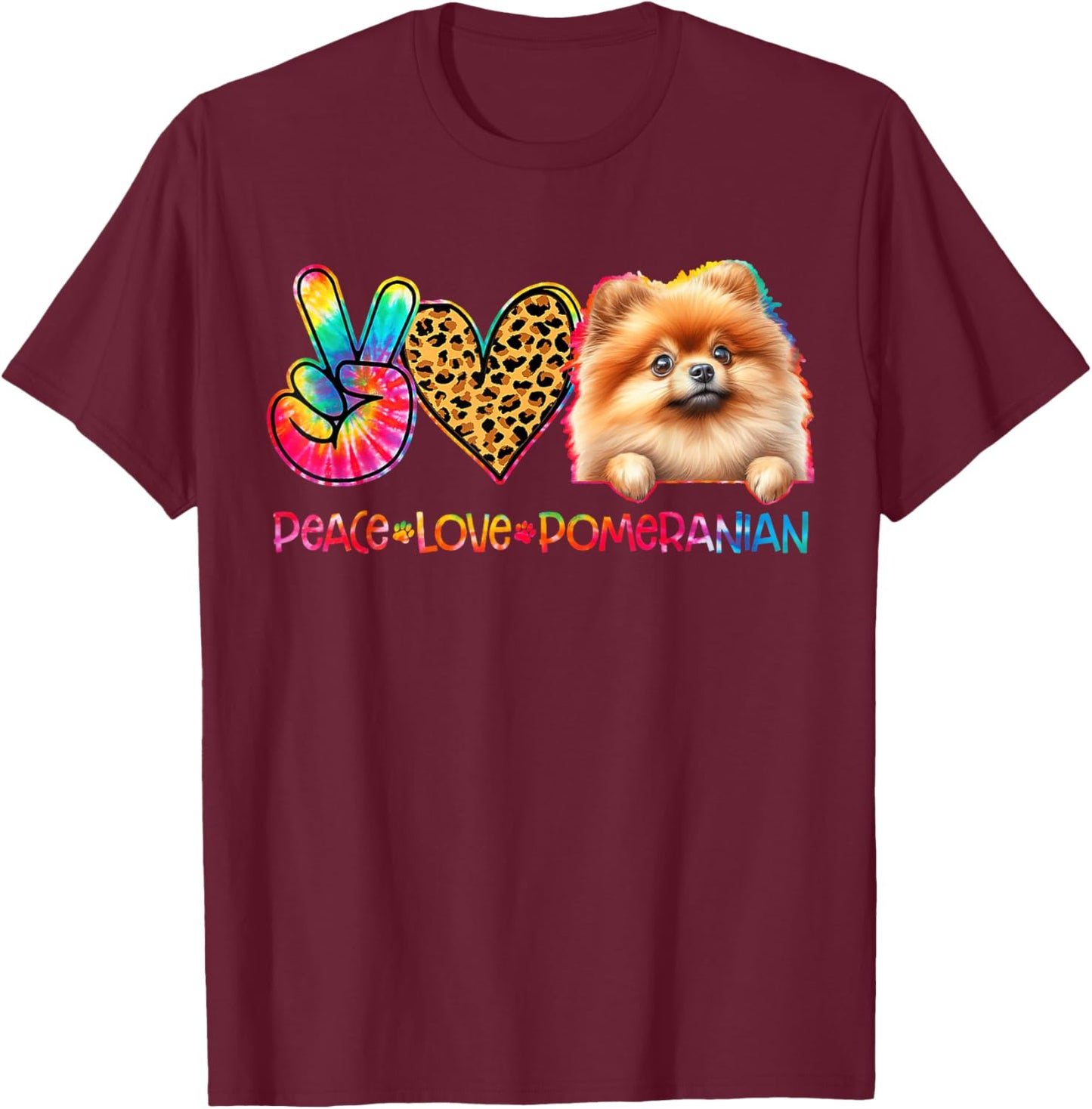 Peace Love Pomeranian Tie Dye Dog Lover T-Shirt - T-Shirt | Maroon