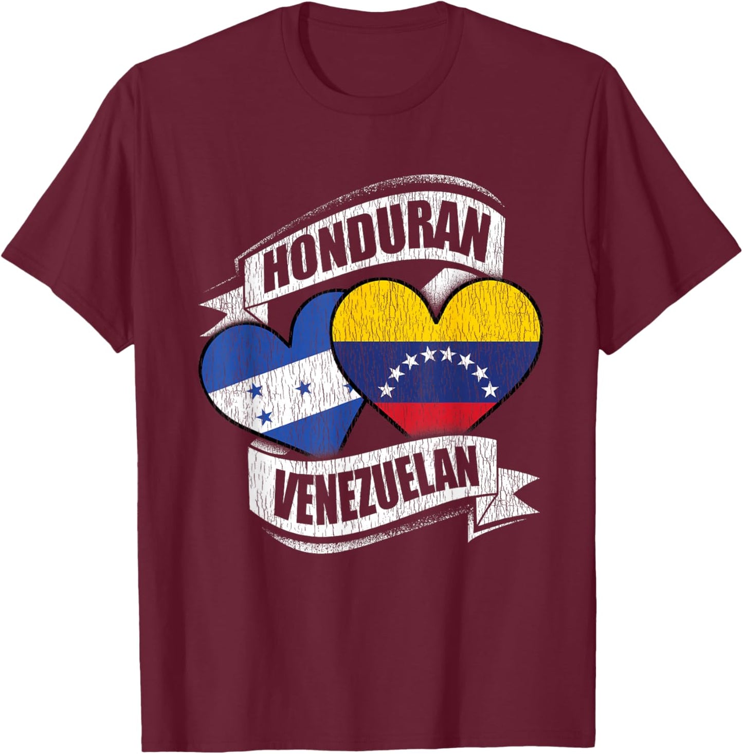 Honduran Venezuelan Hearts Honduras Venezuela Flags T-Shirt - T-Shirt | Maroon