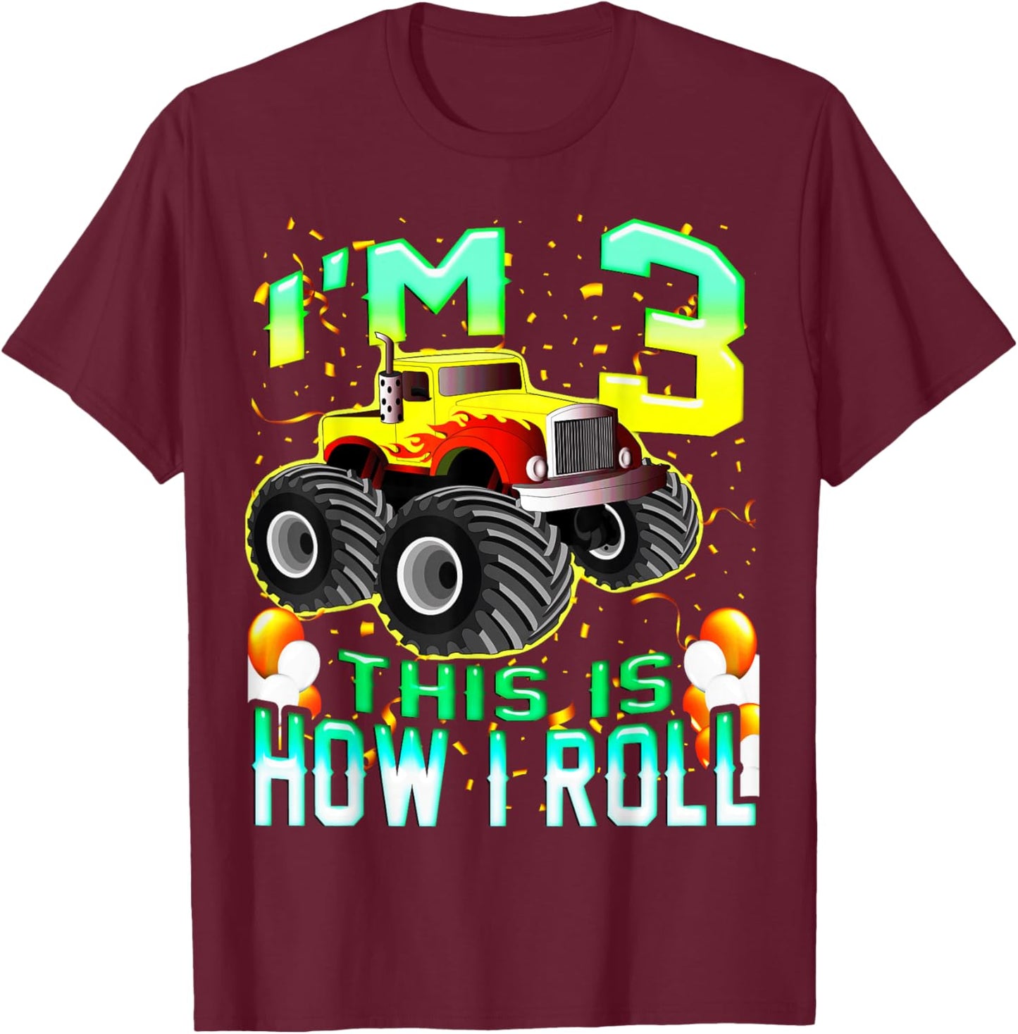 Kids 3 Year Old Shirt 3rd Birthday Boy Monster Truck Car T-Shirt - T-Shirt | Maroon