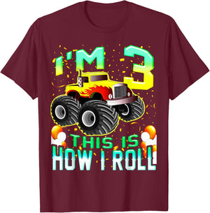Kids 3 Year Old Shirt 3rd Birthday Boy Monster Truck Car T-Shirt - T-Shirt | Maroon