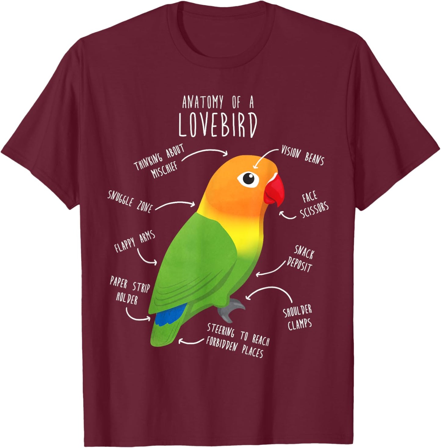 Fischer's Lovebird Parrot Anatomy, Funny Cute Pet Bird Mom T-Shirt - T-Shirt | Maroon