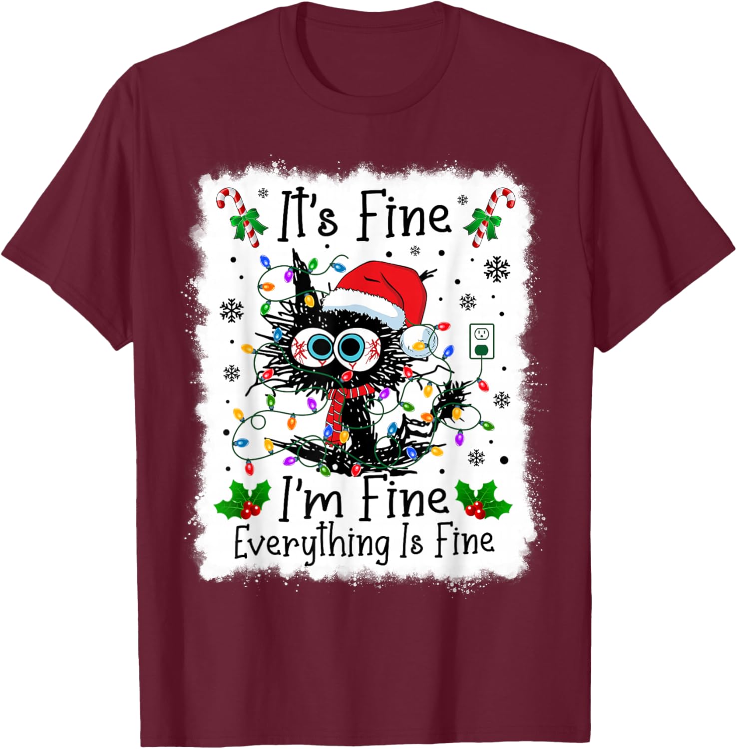 It's Fine I'm Fine Everything is Fine Cat Christmas Lights T-Shirt - T-Shirt | Maroon