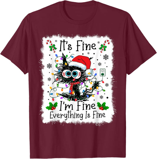 It's Fine I'm Fine Everything is Fine Cat Christmas Lights T-Shirt - T-Shirt | Maroon
