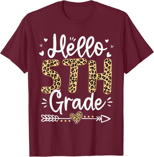 Hello 5th Fifth Grade Leopard Teacher Back To School Girls T-Shirt - T-Shirt | Maroon